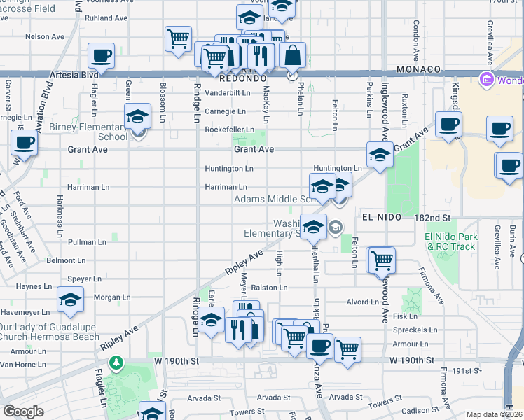 map of restaurants, bars, coffee shops, grocery stores, and more near 2320 Clark Lane in Redondo Beach