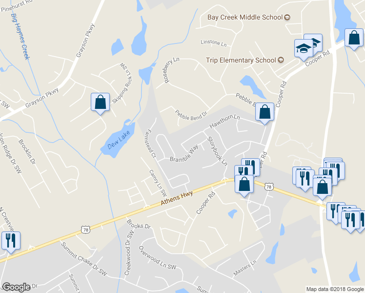 map of restaurants, bars, coffee shops, grocery stores, and more near 600 Hawthorn Lane in Grayson