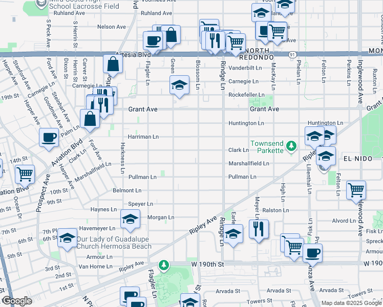 map of restaurants, bars, coffee shops, grocery stores, and more near in Redondo Beach