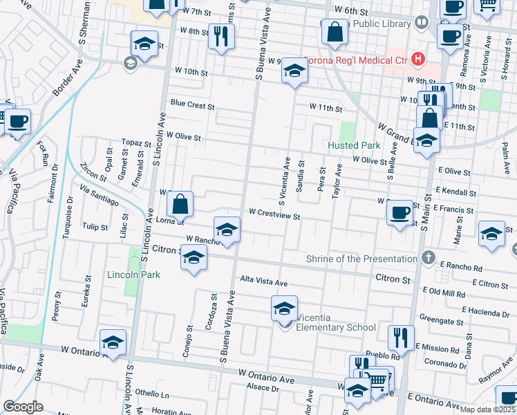 map of restaurants, bars, coffee shops, grocery stores, and more near 853 West Crestview Street in Corona