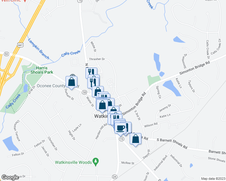 map of restaurants, bars, coffee shops, grocery stores, and more near 135 Sumner Court in Watkinsville