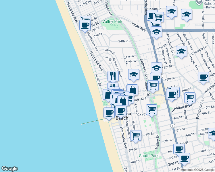 map of restaurants, bars, coffee shops, grocery stores, and more near in Hermosa Beach