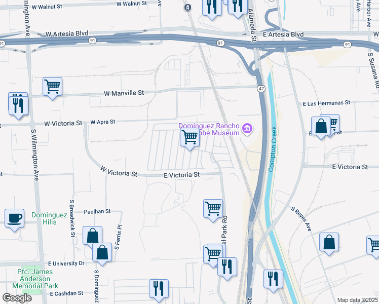 map of restaurants, bars, coffee shops, grocery stores, and more near 2601 East Victoria Street in Los Angeles County