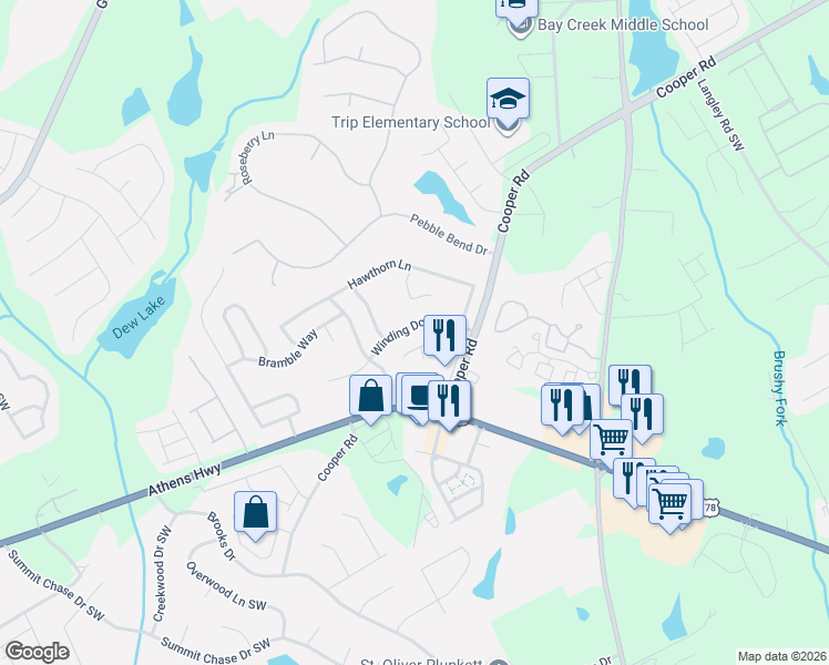 map of restaurants, bars, coffee shops, grocery stores, and more near 902 Thorny Lane in Grayson