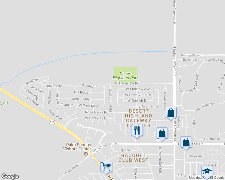 map of restaurants, bars, coffee shops, grocery stores, and more near 3982 Eastgate Rd in Palm Springs