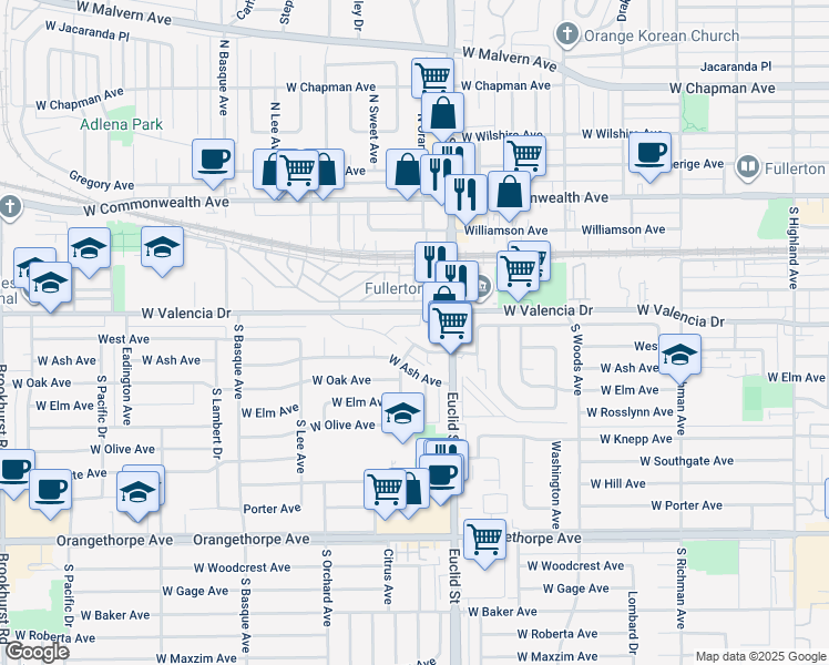 map of restaurants, bars, coffee shops, grocery stores, and more near 1101 W West Ave in Fullerton