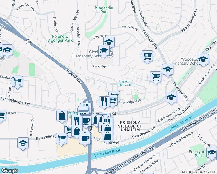 map of restaurants, bars, coffee shops, grocery stores, and more near 6696 Palma Circle in Yorba Linda