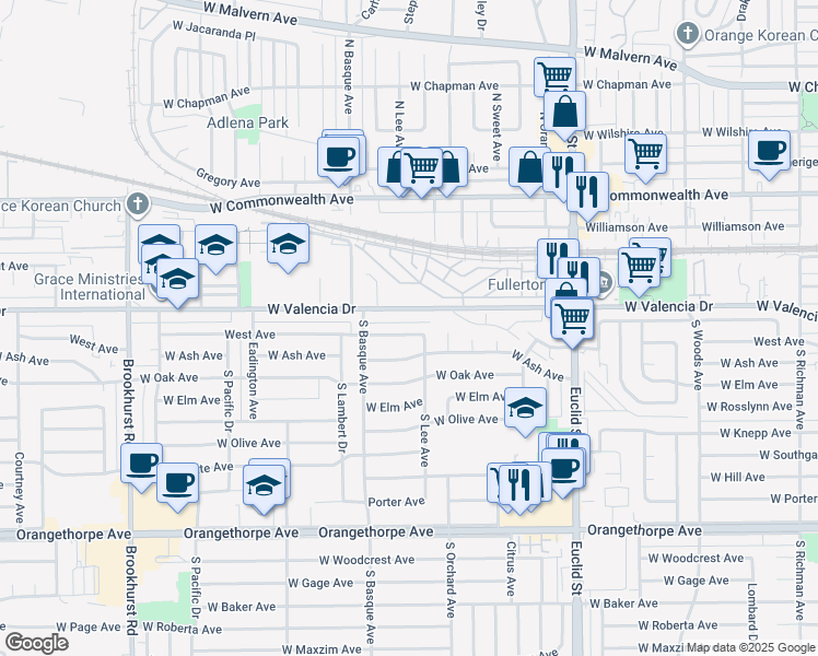 map of restaurants, bars, coffee shops, grocery stores, and more near West Avenue in Fullerton