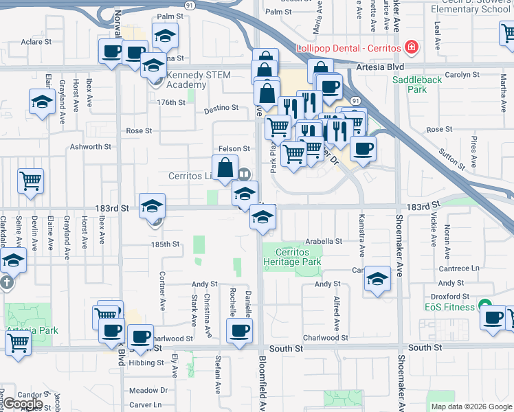 map of restaurants, bars, coffee shops, grocery stores, and more near 11430 Wimbley Court in Cerritos