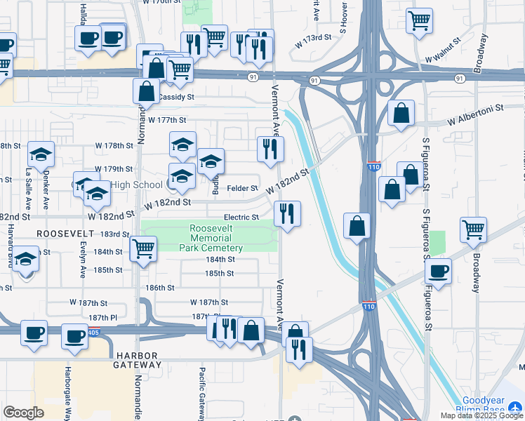 map of restaurants, bars, coffee shops, grocery stores, and more near 1035 Electric Street in Gardena