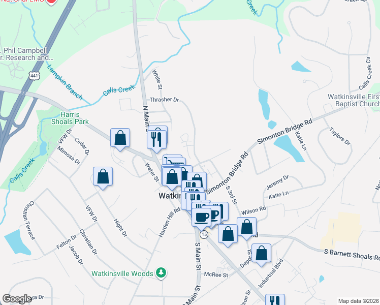 map of restaurants, bars, coffee shops, grocery stores, and more near 135 Sumner Court in Watkinsville