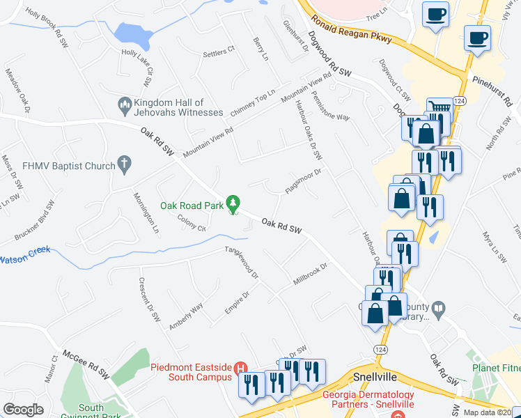 map of restaurants, bars, coffee shops, grocery stores, and more near 1956 Oak Road Southwest in Snellville