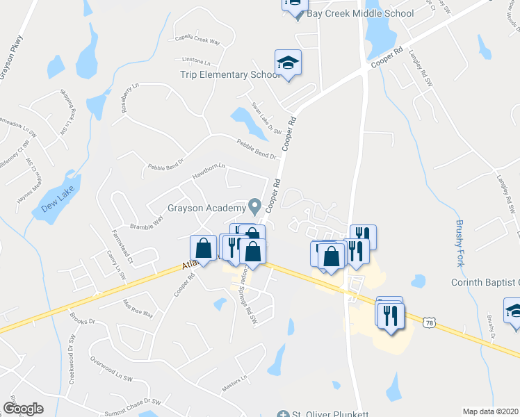 map of restaurants, bars, coffee shops, grocery stores, and more near 878 Winding Down Way in Grayson