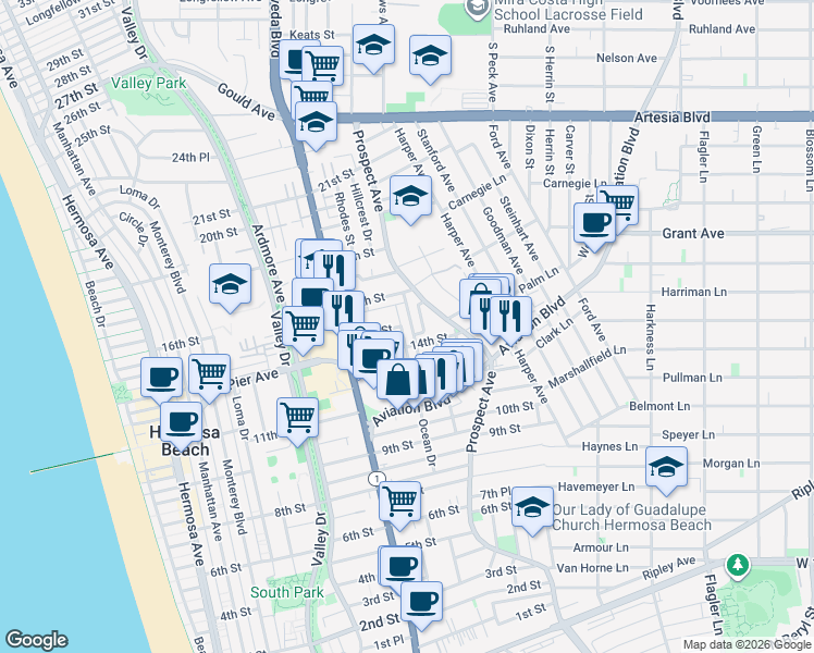 map of restaurants, bars, coffee shops, grocery stores, and more near 1401 Bonnie Brae Street in Hermosa Beach