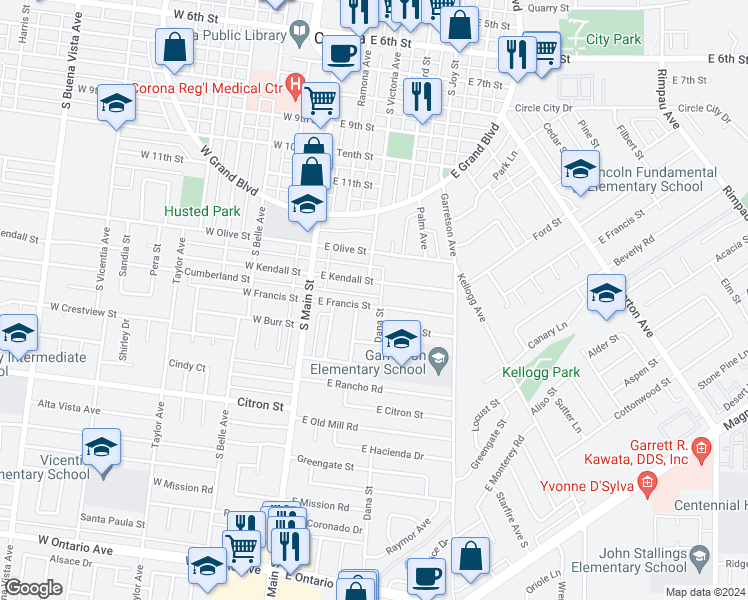 map of restaurants, bars, coffee shops, grocery stores, and more near 307 East Francis Street in Corona