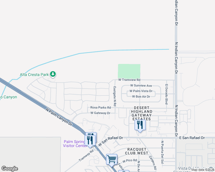 map of restaurants, bars, coffee shops, grocery stores, and more near 701 Alta Ridge in Palm Springs