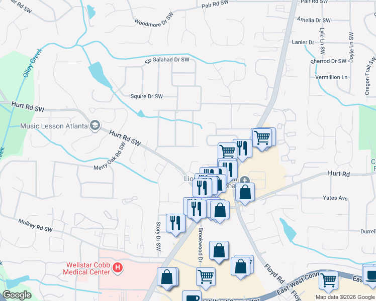map of restaurants, bars, coffee shops, grocery stores, and more near 3660 Heritage Ridge Lane in Marietta
