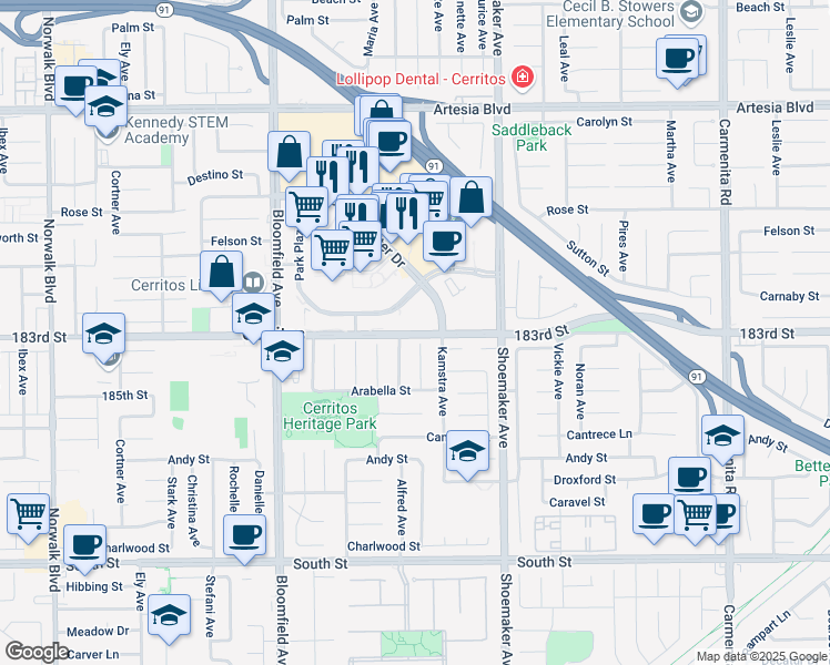 map of restaurants, bars, coffee shops, grocery stores, and more near 12911 183rd Street in Cerritos