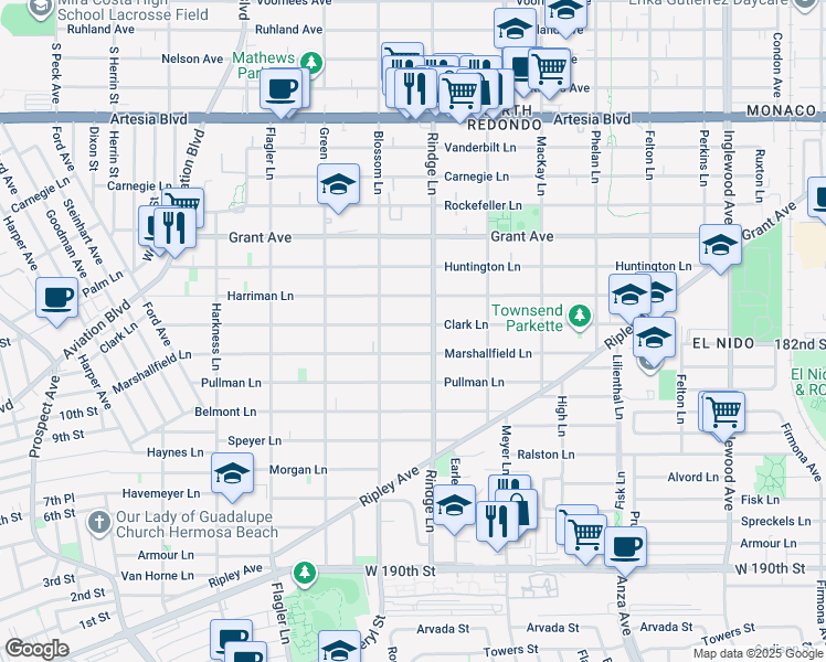 map of restaurants, bars, coffee shops, grocery stores, and more near 2114 Clark Lane in Redondo Beach