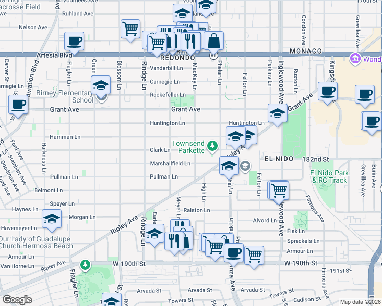 map of restaurants, bars, coffee shops, grocery stores, and more near 2320 Clark Lane in Redondo Beach