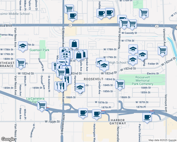 map of restaurants, bars, coffee shops, grocery stores, and more near 18126 South Denker Avenue in Gardena