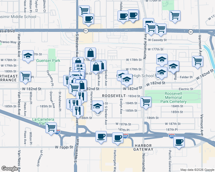 map of restaurants, bars, coffee shops, grocery stores, and more near 18126 South Denker Avenue in Gardena