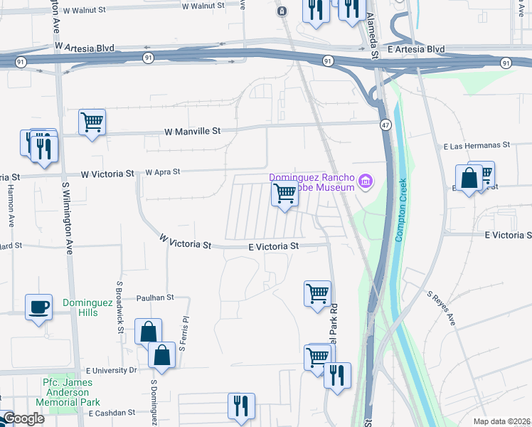 map of restaurants, bars, coffee shops, grocery stores, and more near 2601 East Victoria Street in Compton