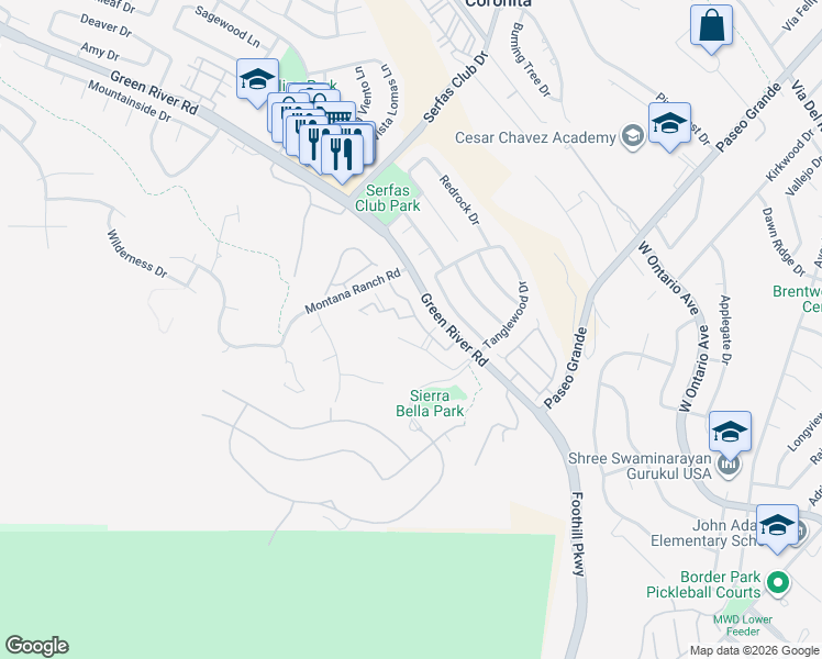 map of restaurants, bars, coffee shops, grocery stores, and more near 2380 Del Mar Way in Corona