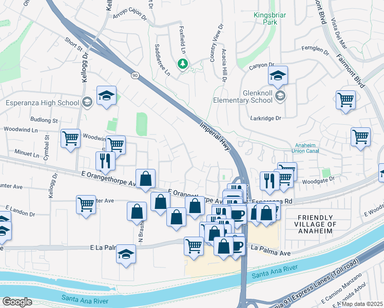 map of restaurants, bars, coffee shops, grocery stores, and more near 5499 East Willow Woods Lane in Anaheim