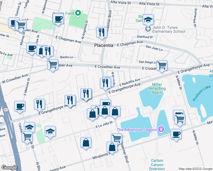 map of restaurants, bars, coffee shops, grocery stores, and more near 1723 North Rutherford Street in Anaheim