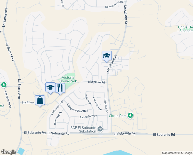 map of restaurants, bars, coffee shops, grocery stores, and more near 12701 Palm View Way in Riverside