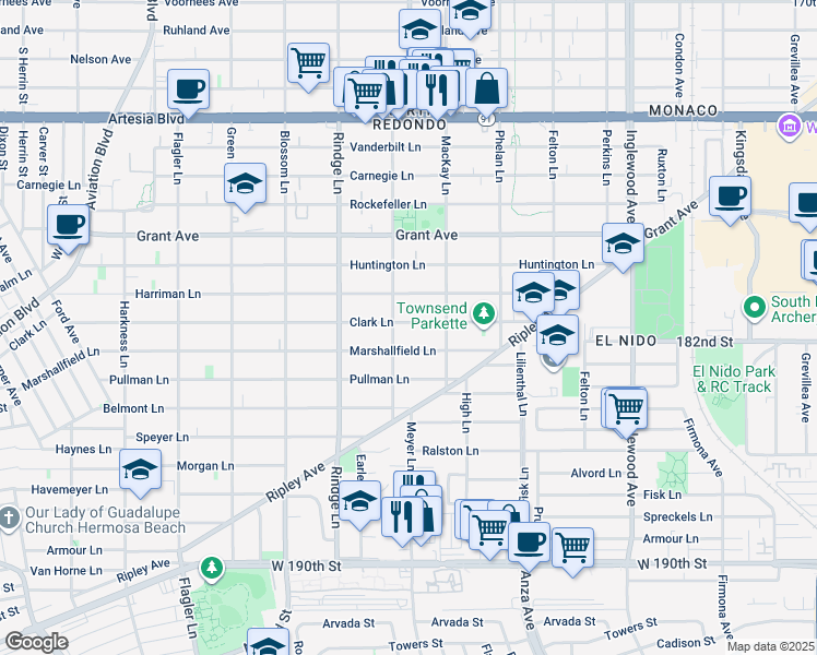 map of restaurants, bars, coffee shops, grocery stores, and more near 2306 Clark Lane in Redondo Beach