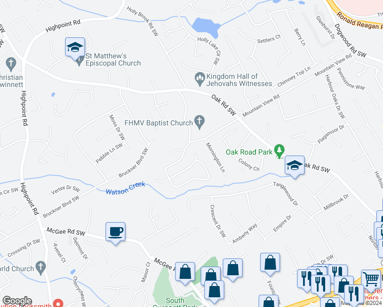 map of restaurants, bars, coffee shops, grocery stores, and more near 2717 Oak Meadow Lane in Snellville