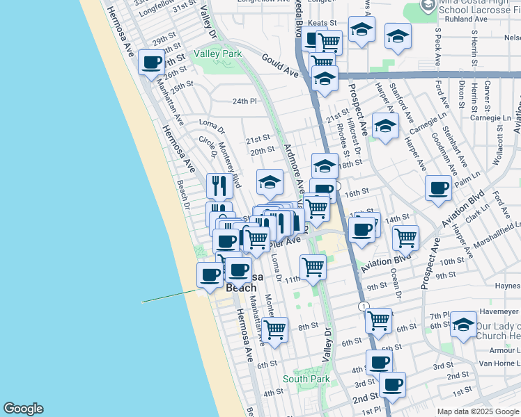map of restaurants, bars, coffee shops, grocery stores, and more near 1645 Valley Drive in Hermosa Beach