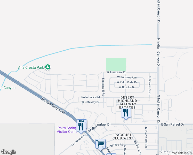map of restaurants, bars, coffee shops, grocery stores, and more near 701 Alta Ridge in Palm Springs