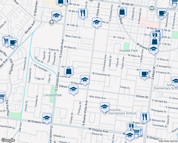 map of restaurants, bars, coffee shops, grocery stores, and more near 1649 South Buena Vista Avenue in Corona