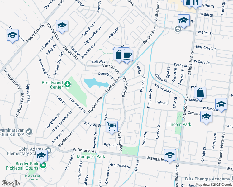 map of restaurants, bars, coffee shops, grocery stores, and more near 1293 Marriott Circle in Corona