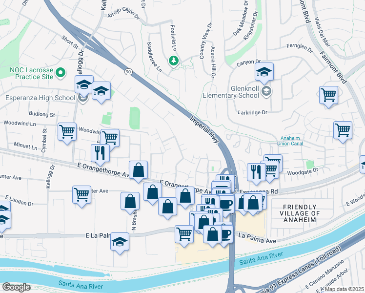 map of restaurants, bars, coffee shops, grocery stores, and more near 1743 North Willow Woods Drive in Anaheim