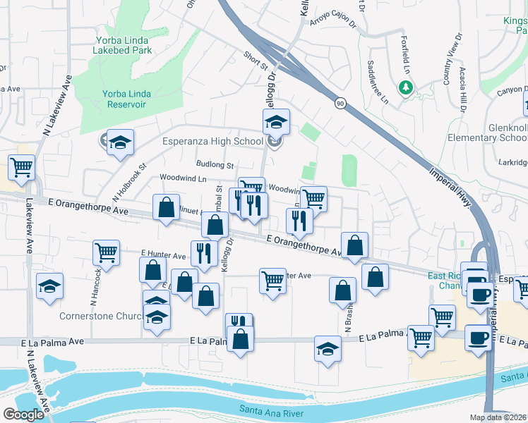 map of restaurants, bars, coffee shops, grocery stores, and more near 1724 Kellogg Drive in Anaheim