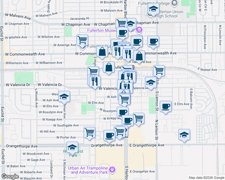 map of restaurants, bars, coffee shops, grocery stores, and more near 125 West Ash Avenue in Fullerton