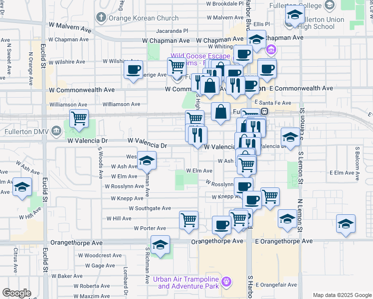map of restaurants, bars, coffee shops, grocery stores, and more near 407 West Avenue in Fullerton
