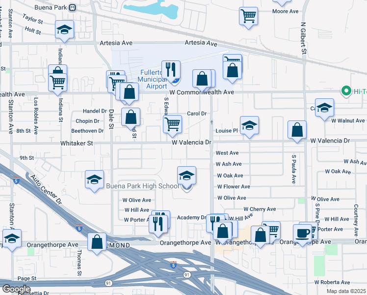 map of restaurants, bars, coffee shops, grocery stores, and more near 3951 Franklin Avenue in Fullerton