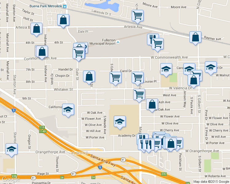 map of restaurants, bars, coffee shops, grocery stores, and more near 3951 Franklin Avenue in Fullerton