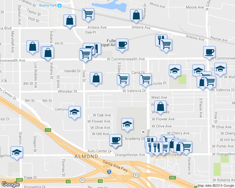 map of restaurants, bars, coffee shops, grocery stores, and more near 4105 Franklin Avenue in Fullerton