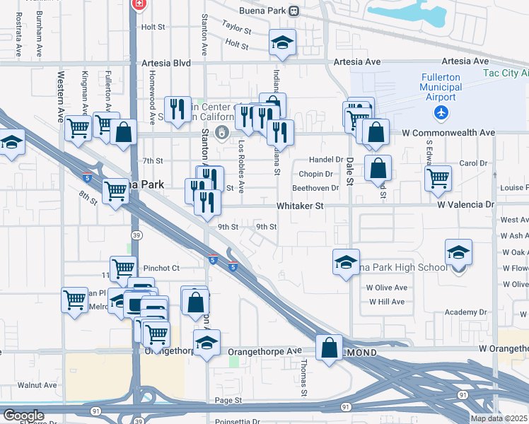 map of restaurants, bars, coffee shops, grocery stores, and more near 8203 9th Street in Buena Park