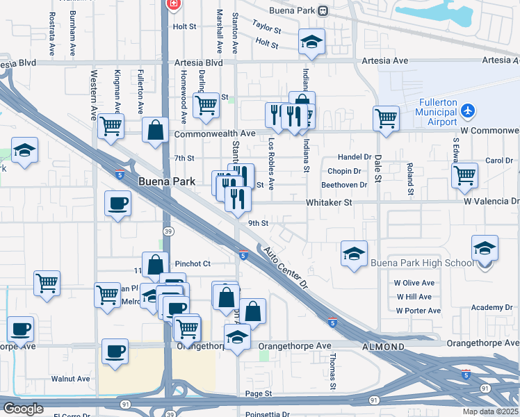 map of restaurants, bars, coffee shops, grocery stores, and more near 6522 Stanton Avenue in Buena Park