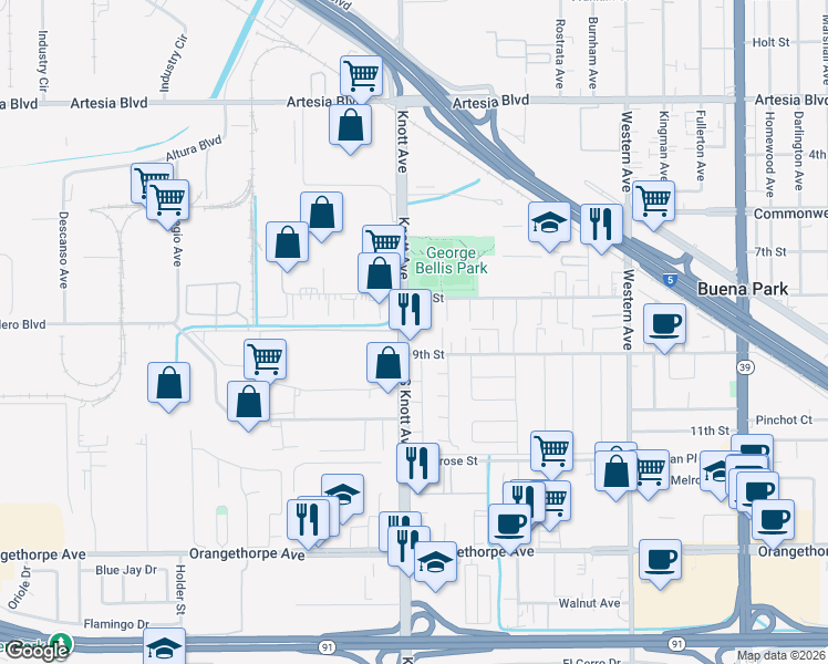 map of restaurants, bars, coffee shops, grocery stores, and more near 6550 South Knott Avenue in Buena Park