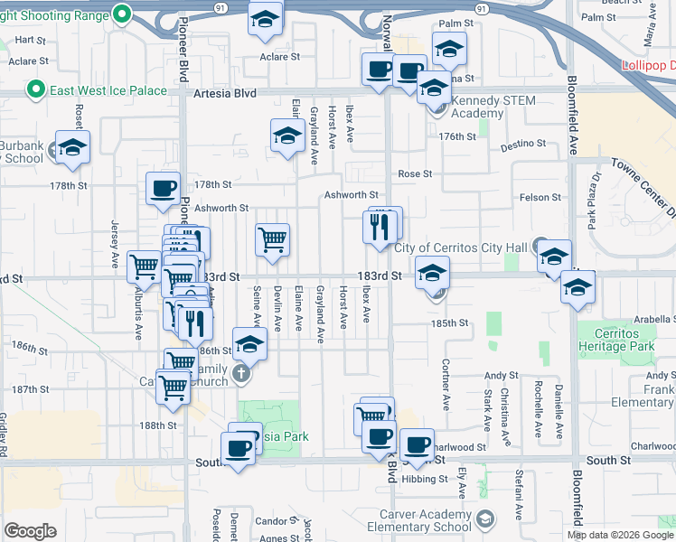 map of restaurants, bars, coffee shops, grocery stores, and more near 12036 183rd Street in Artesia