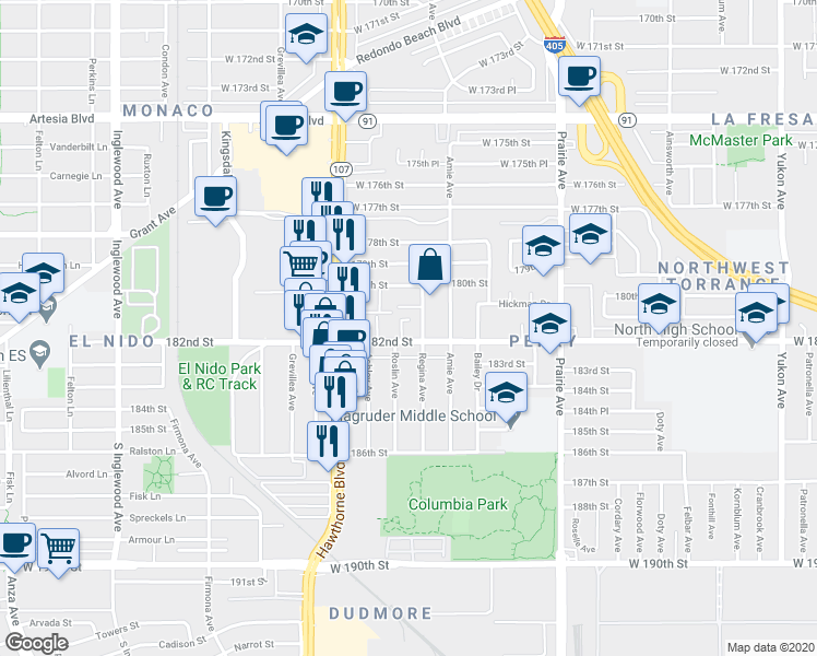 map of restaurants, bars, coffee shops, grocery stores, and more near 4274 West 182nd Street in Torrance