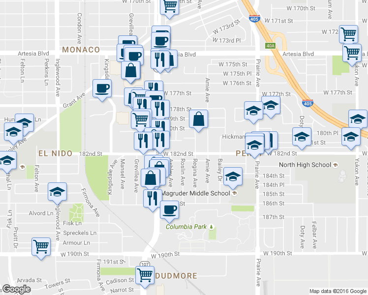 map of restaurants, bars, coffee shops, grocery stores, and more near 4274 West 182nd Street in Torrance
